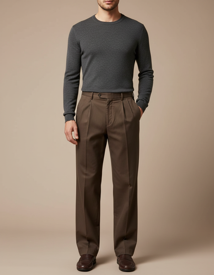 Pantalon Marron Plissé Coton Ample Élégant - Gabardine