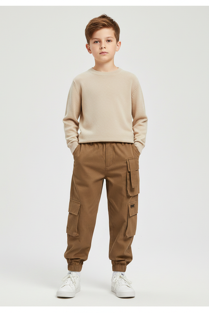 Pantalon Marron Cargo Garçon Décontracté Poches - Toile