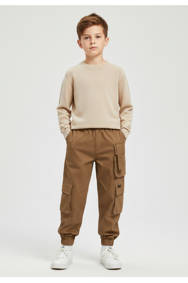 Pantalon Marron Cargo Garçon Décontracté Poches - Toile