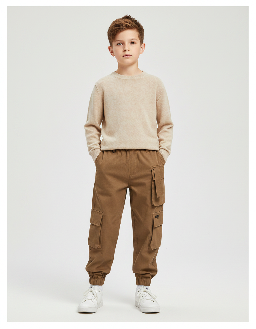 Pantalon Marron Cargo Garçon Décontracté Poches - Toile