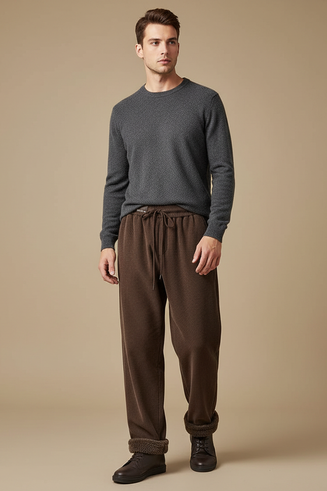 Pantalon Marron Côtelé Épais Ample Hiver Homme - Cordé