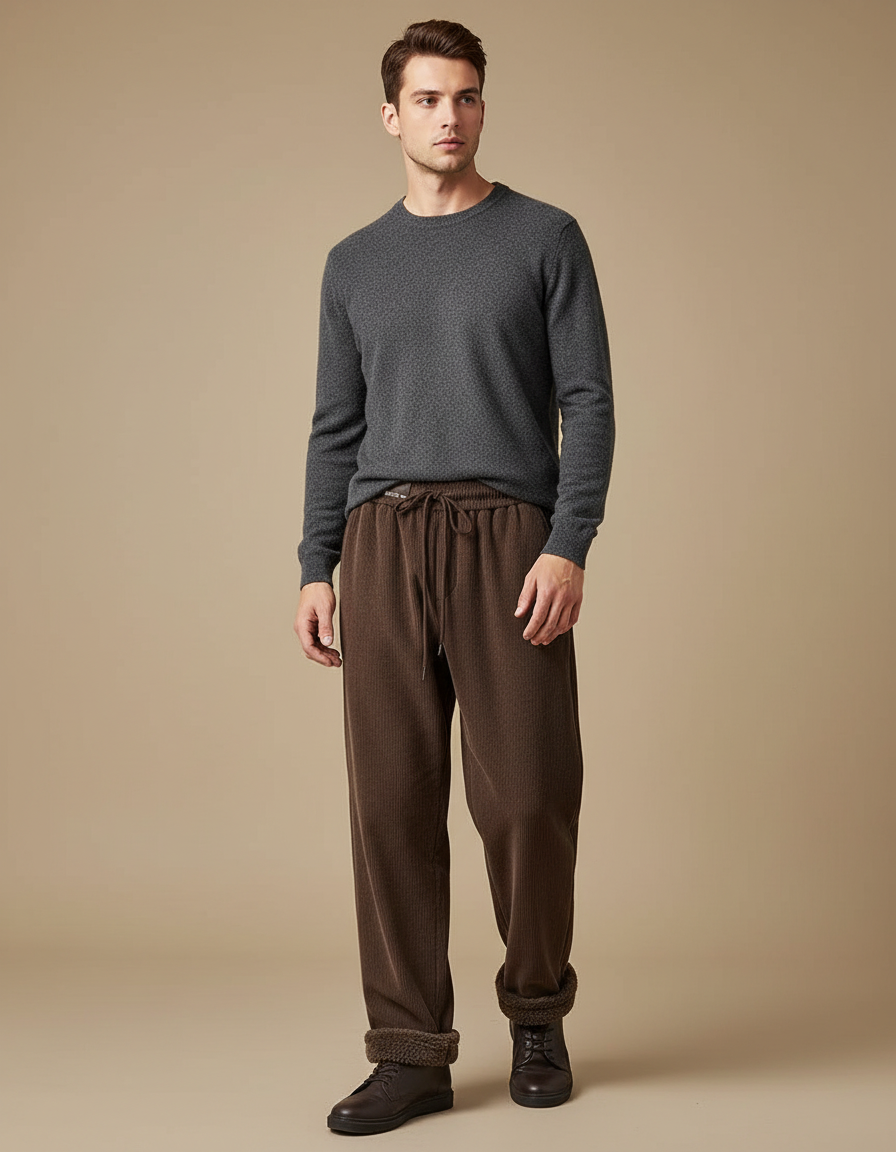 Pantalon Marron Côtelé Épais Ample Hiver Homme - Cordé