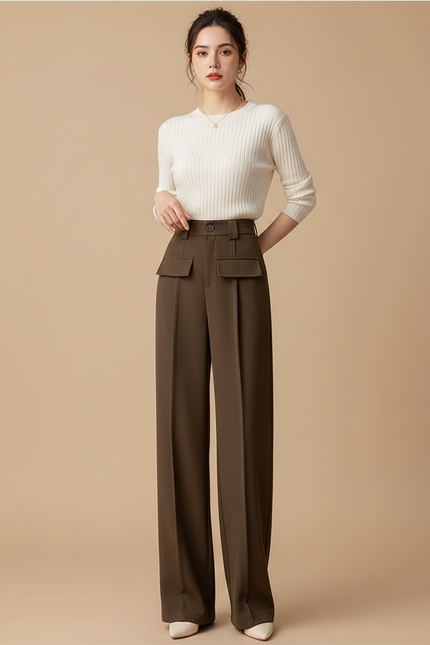 Pantalon Marron Droit Ample Taille Haute Fluide Élégant - Polyester
