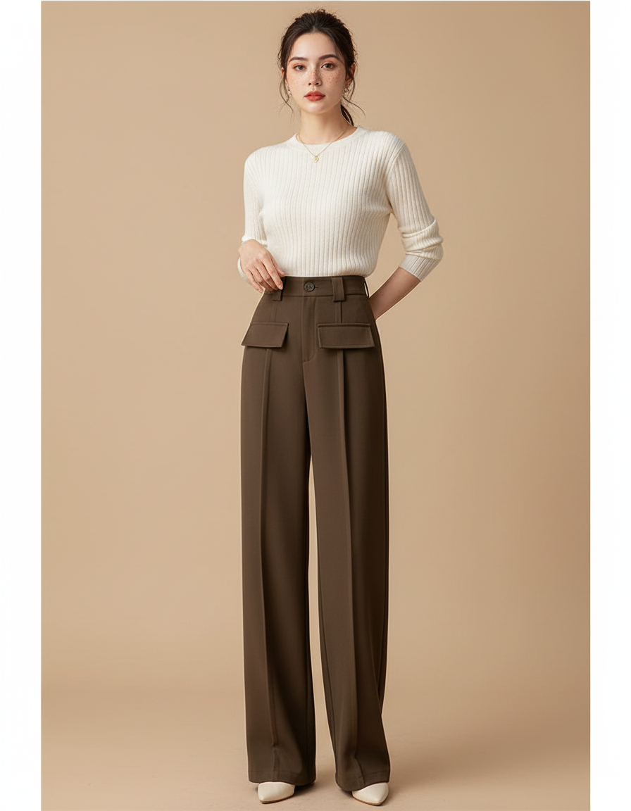 Pantalon Marron Droit Ample Taille Haute Fluide Élégant - Polyester