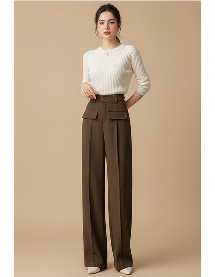 Pantalon Marron Droit Ample Taille Haute Fluide Élégant - Polyester