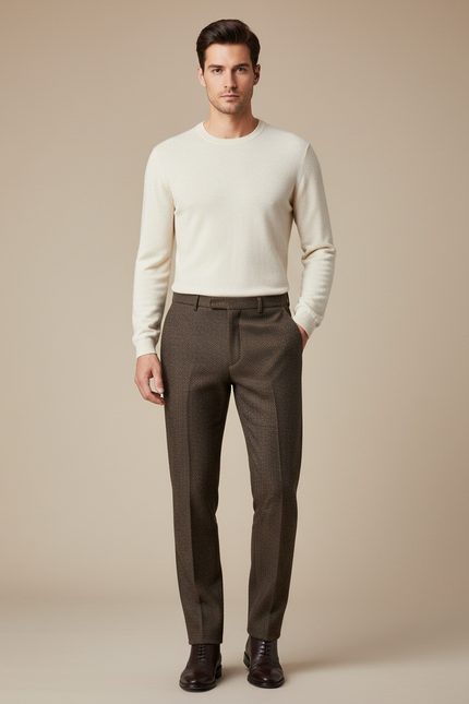 Pantalon Marron Laine Droit Motif Élégant Homme
