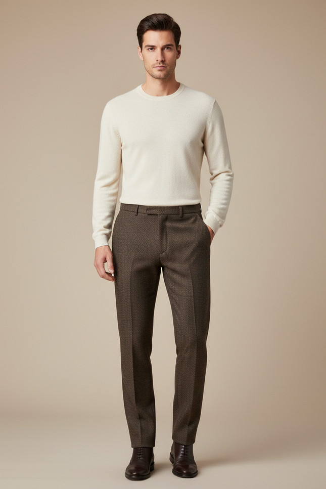 Pantalon Marron Laine Droit Motif Élégant Homme