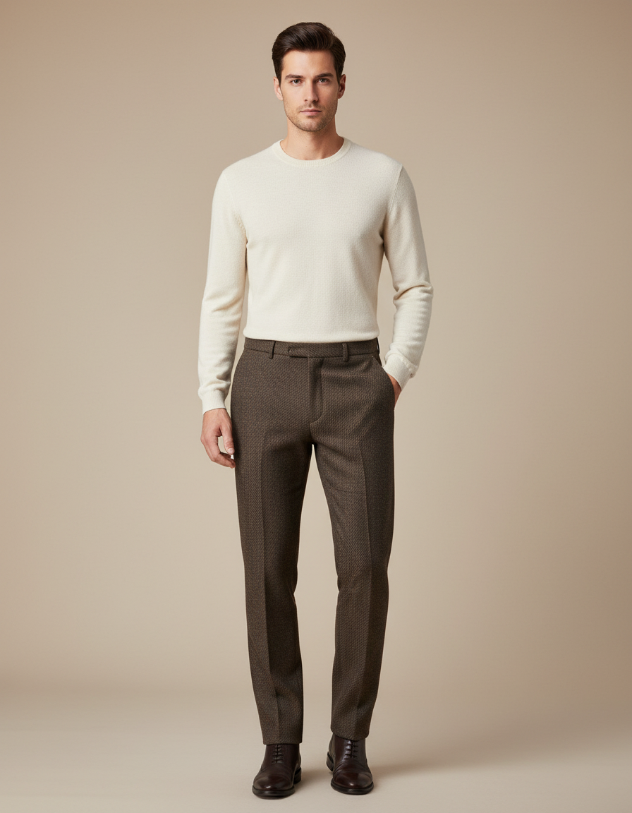 Pantalon Marron Laine Droit Motif Élégant Homme