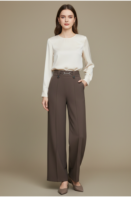 Pantalon Marron Ample Taille Haute Élégant Droit - Gabardine