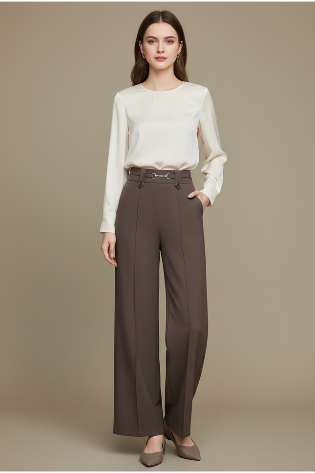 Pantalon Marron Ample Taille Haute Élégant Droit - Gabardine