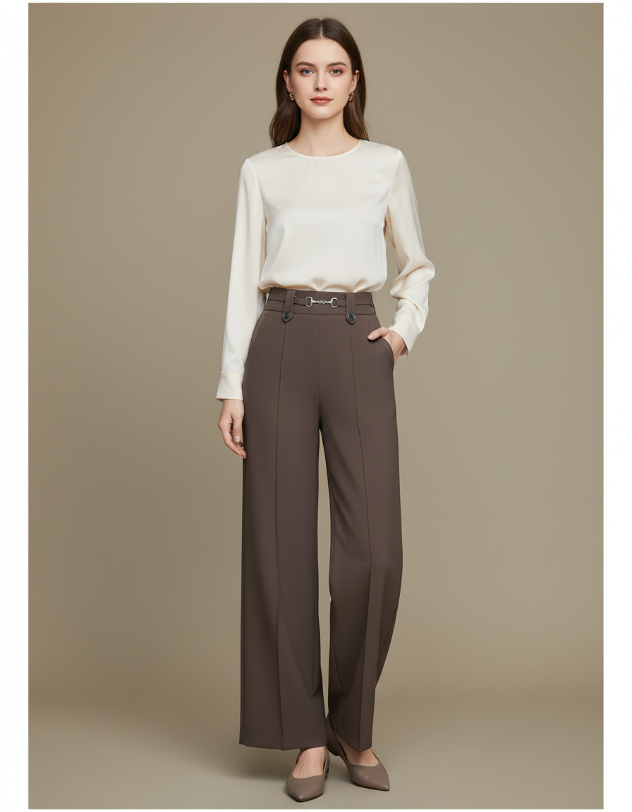 Pantalon Marron Ample Taille Haute Élégant Droit - Gabardine
