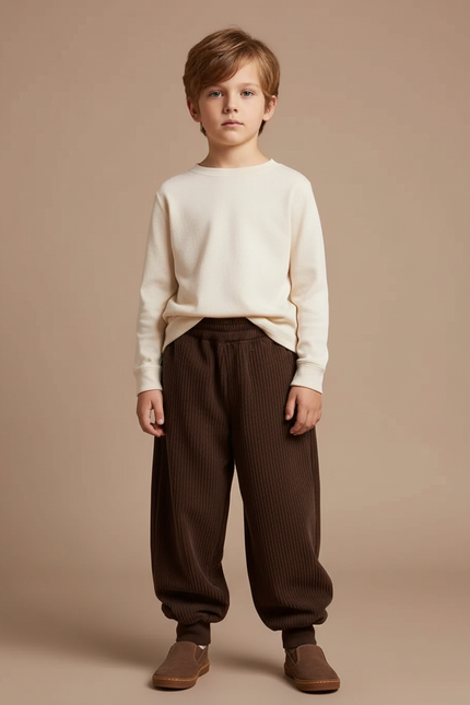 Pantalon Marron Côtelé Ample Élastique Enfant Confortable - Cordé
