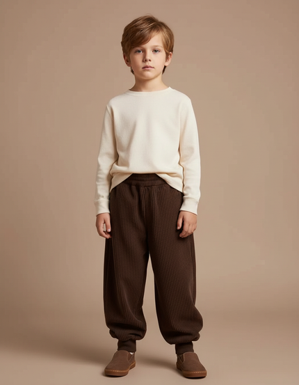 Pantalon Marron Côtelé Ample Élastique Enfant Confortable - Cordé