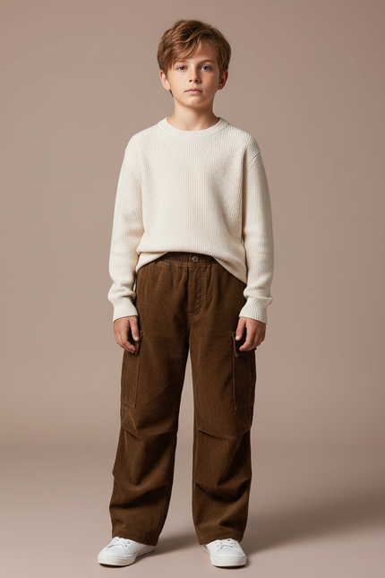 Pantalon Marron Côtelé Ample Décontracté Multipoches Enfant - Cordé