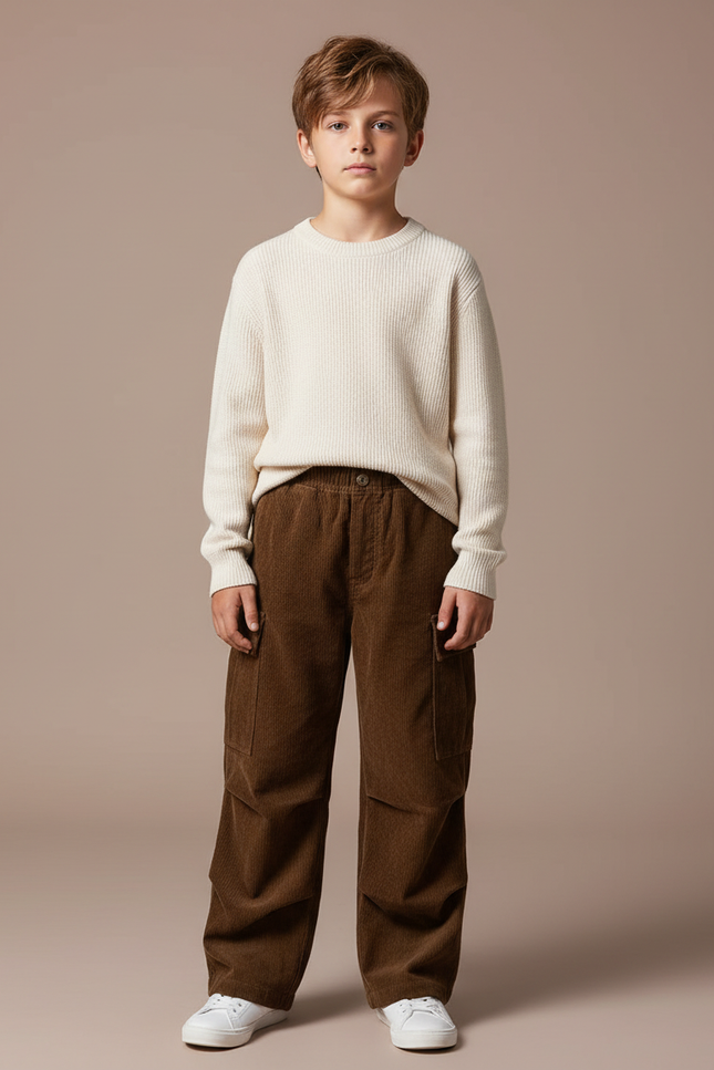 Pantalon Marron Côtelé Ample Décontracté Multipoches Enfant - Cordé