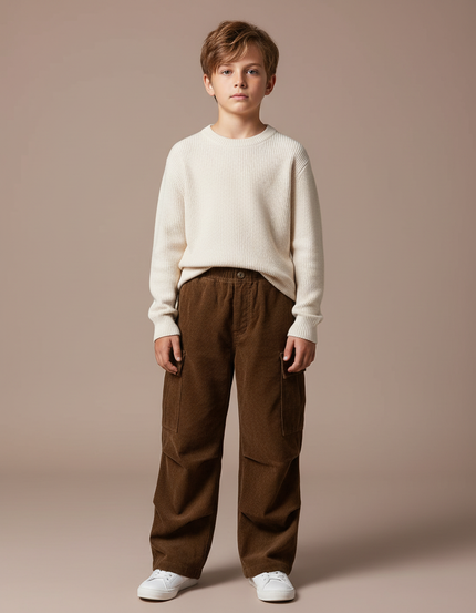 Pantalon Marron Côtelé Ample Décontracté Multipoches Enfant - Cordé
