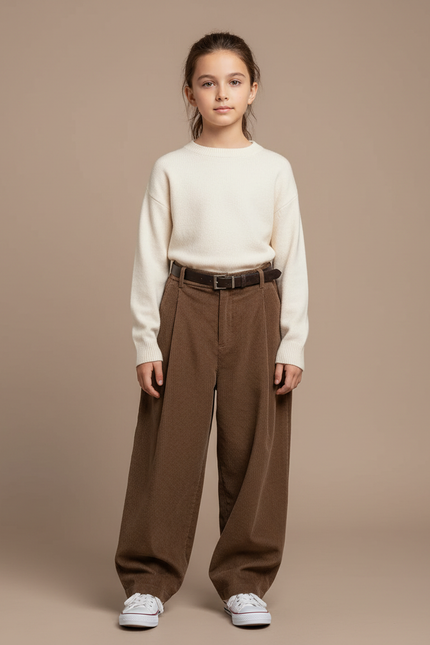 Pantalon Marron Côtelé Plissé Ample Décontracté - Cordé
