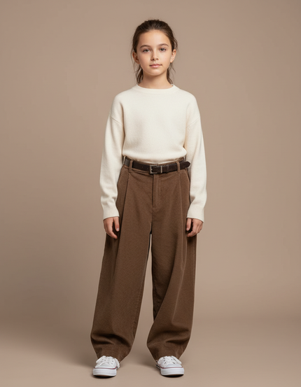 Pantalon Marron Côtelé Plissé Ample Décontracté - Cordé