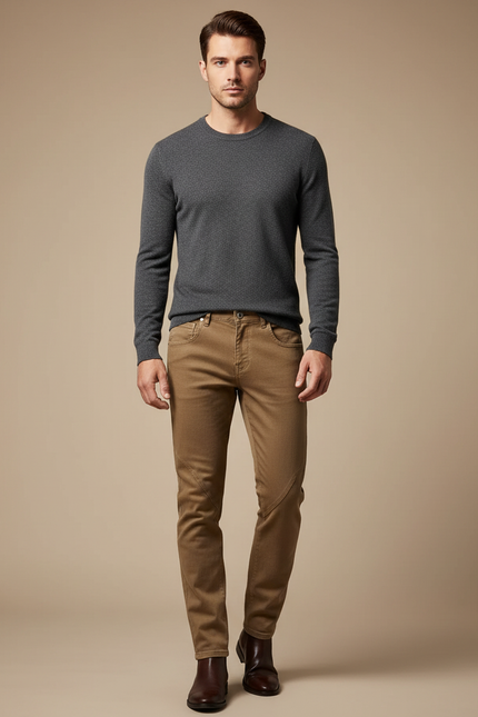 Pantalon Marron Slim Fit Décontracté Homme Coton - Gabardine