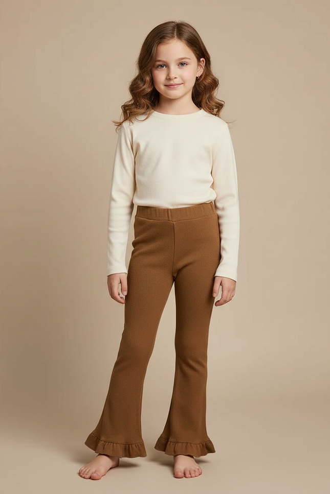 Pantalon Marron Côtelé Tricoté Fille Évasé Volants - Maille