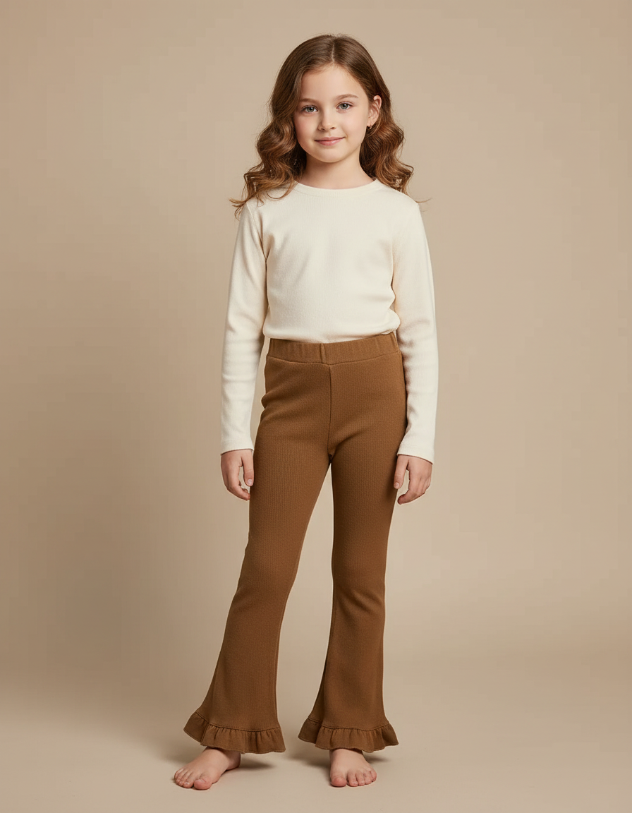 Pantalon Marron Côtelé Tricoté Fille Évasé Volants - Maille