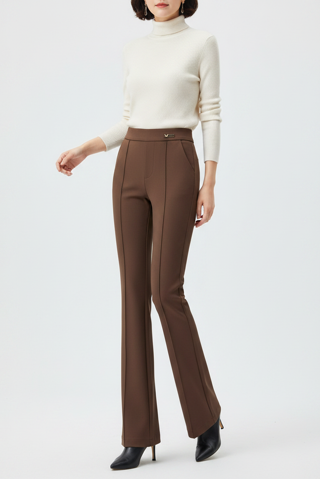 Pantalon Marron Évasé Taille Haute Élégant Décontracté Femme - Polyester