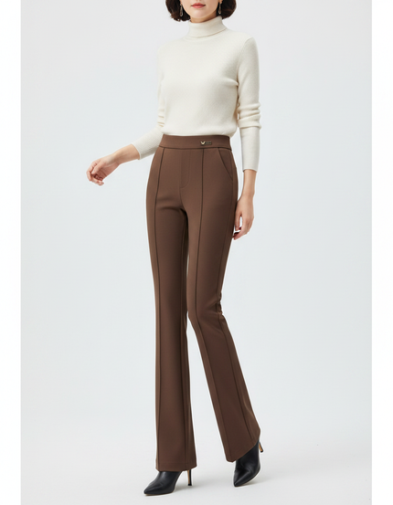 Pantalon Marron Évasé Taille Haute Élégant Décontracté Femme - Polyester