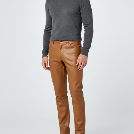 Pantalon Marron Simili Cuir Slim Homme Élégant