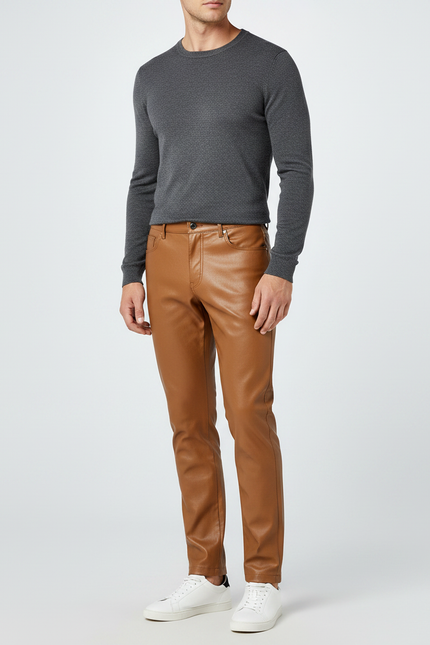 Pantalon Marron Simili Cuir Slim Homme Élégant