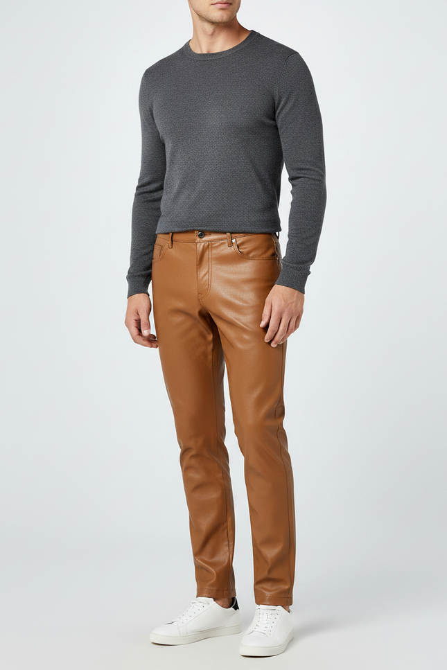 Pantalon Marron Simili Cuir Slim Homme Élégant