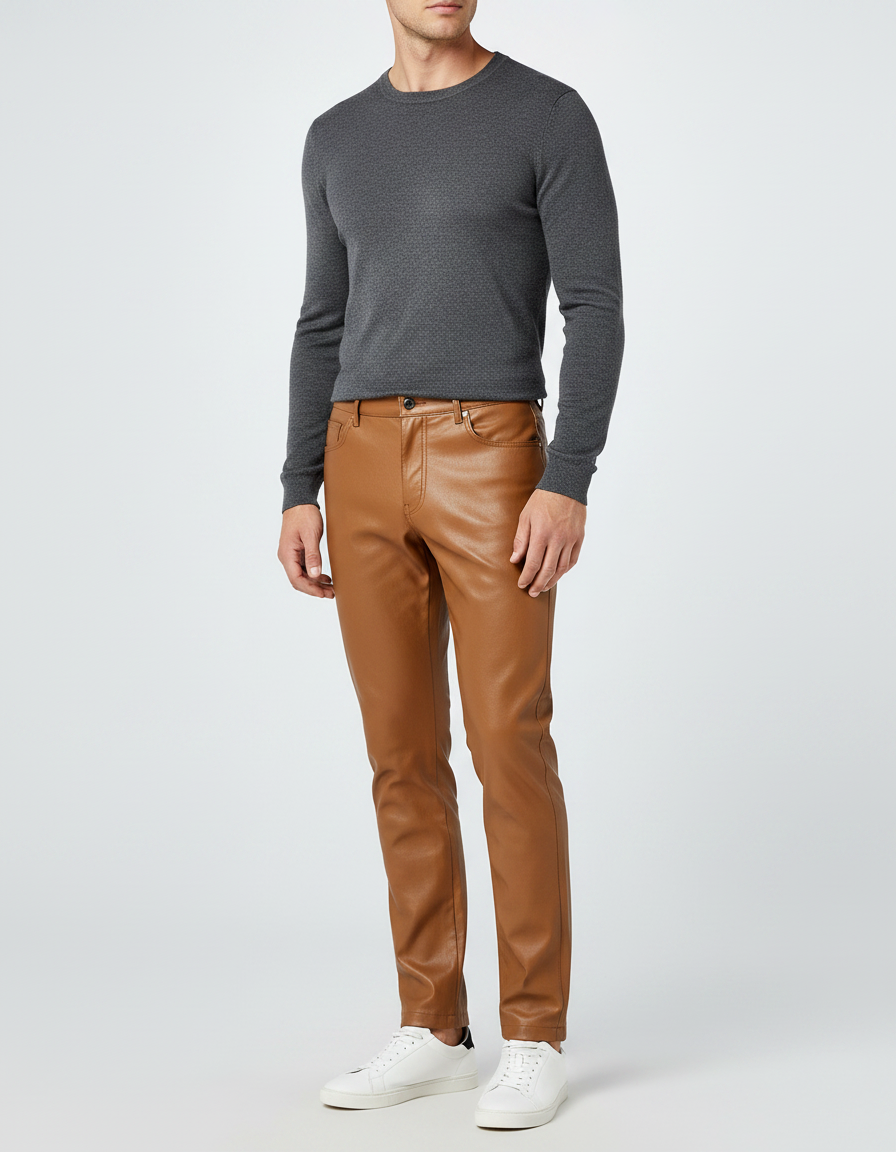 Pantalon Marron Simili Cuir Slim Homme Élégant