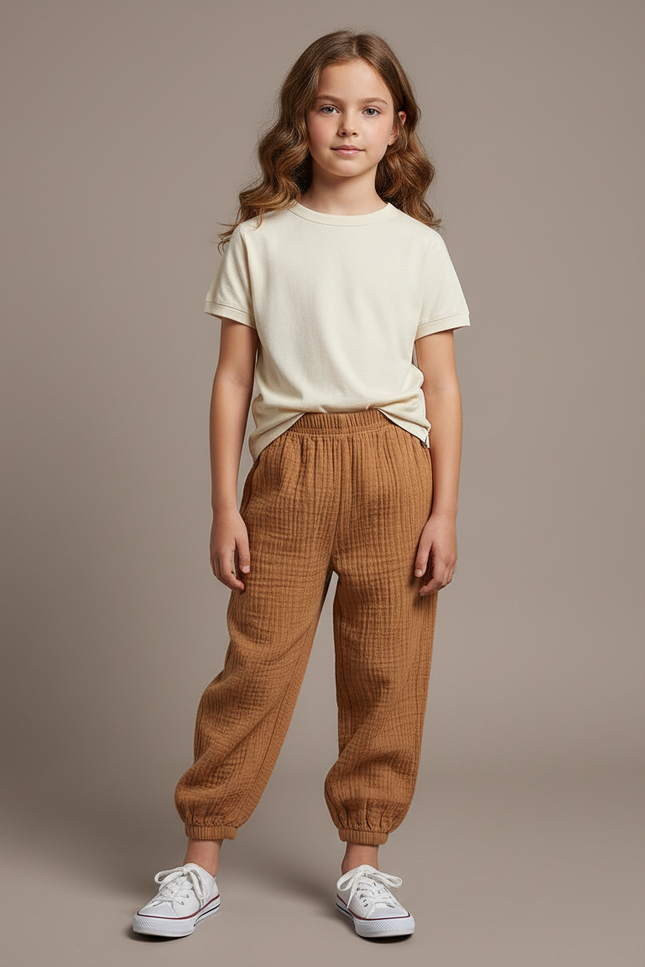 Pantalon Marron Ample Coton Gaufré Décontracté Enfant
