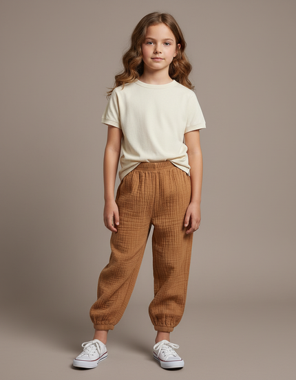 Pantalon Marron Ample Coton Gaufré Décontracté Enfant