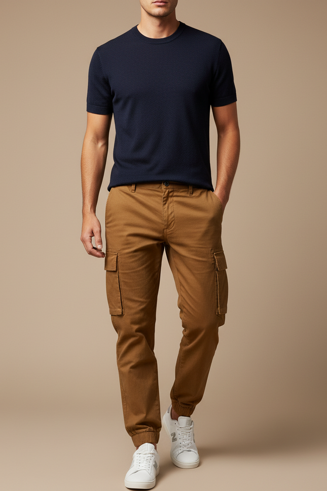Pantalon Marron Cargo Coton Homme Ajusté Casual