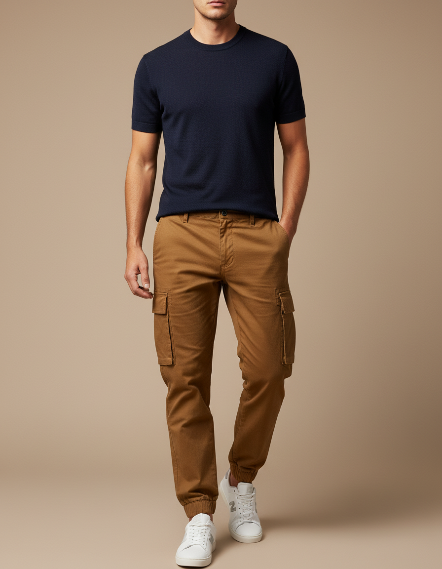 Pantalon Marron Cargo Coton Homme Ajusté Casual