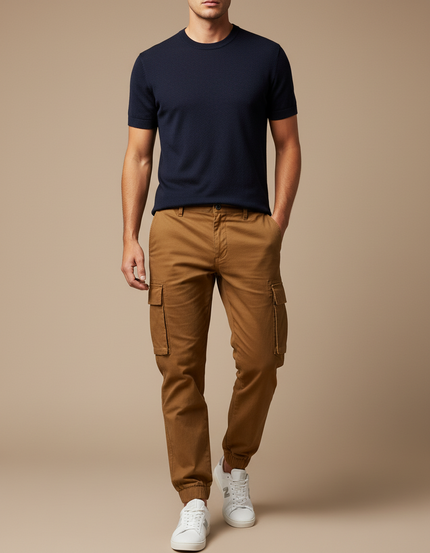 Pantalon Marron Cargo Coton Homme Ajusté Casual