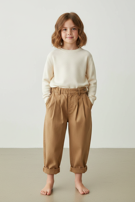 Pantalon Marron Ample Plissé Coton Enfant Décontracté