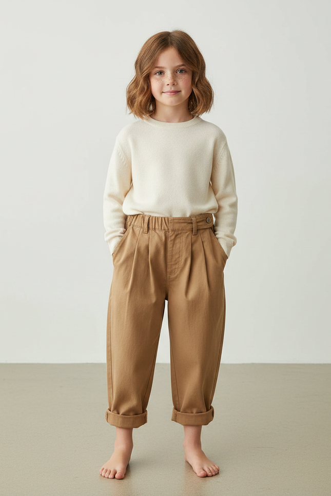 Pantalon Marron Ample Plissé Coton Enfant Décontracté