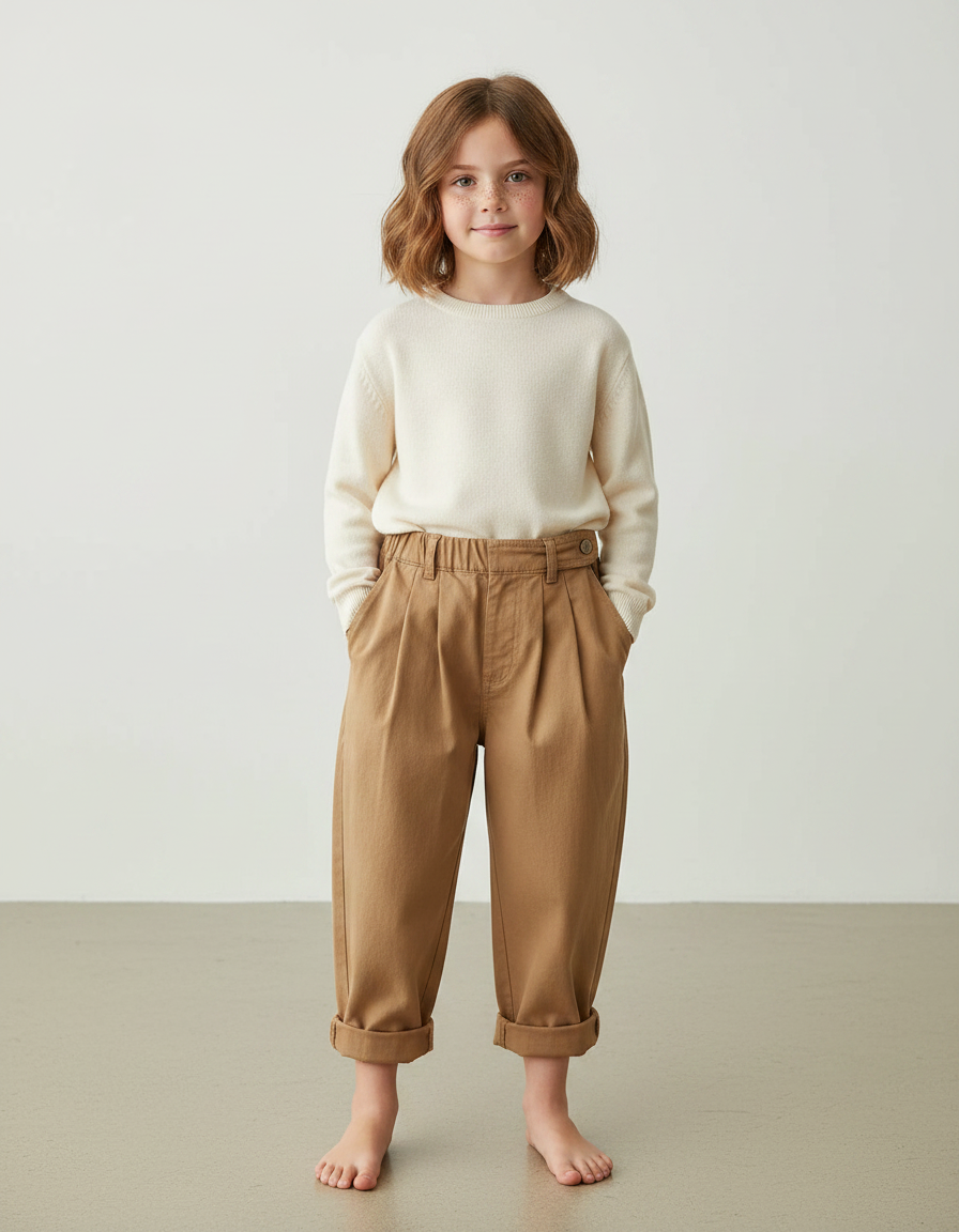 Pantalon Marron Ample Plissé Coton Enfant Décontracté