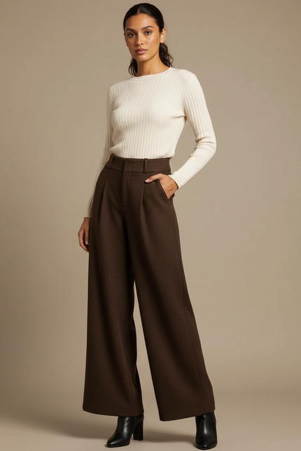 Pantalon Marron Ample Plissé Taille Haute Femme - Laine