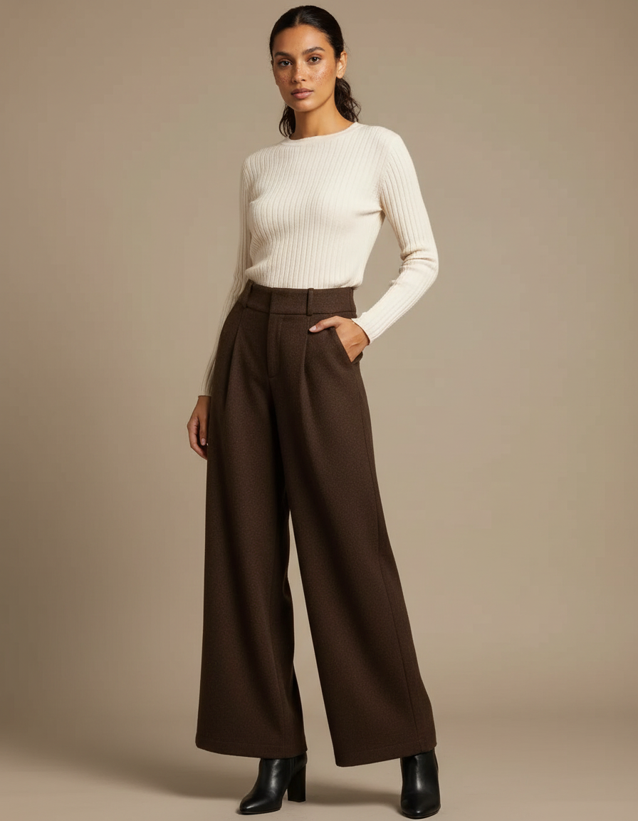 Pantalon Marron Ample Plissé Taille Haute Femme - Laine