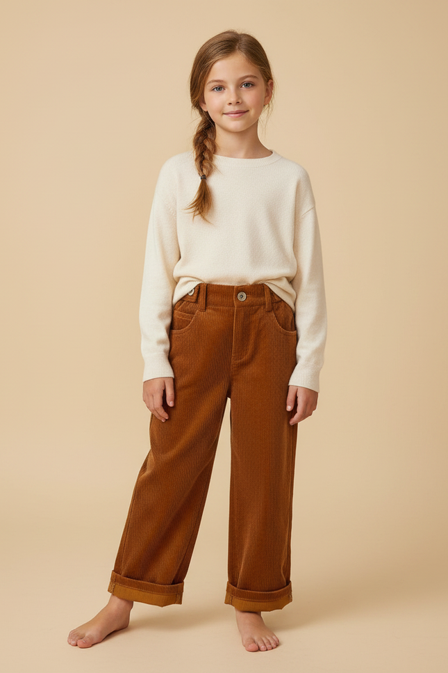 Pantalon Marron Côtelé Ample Droit Enfant - Cordé