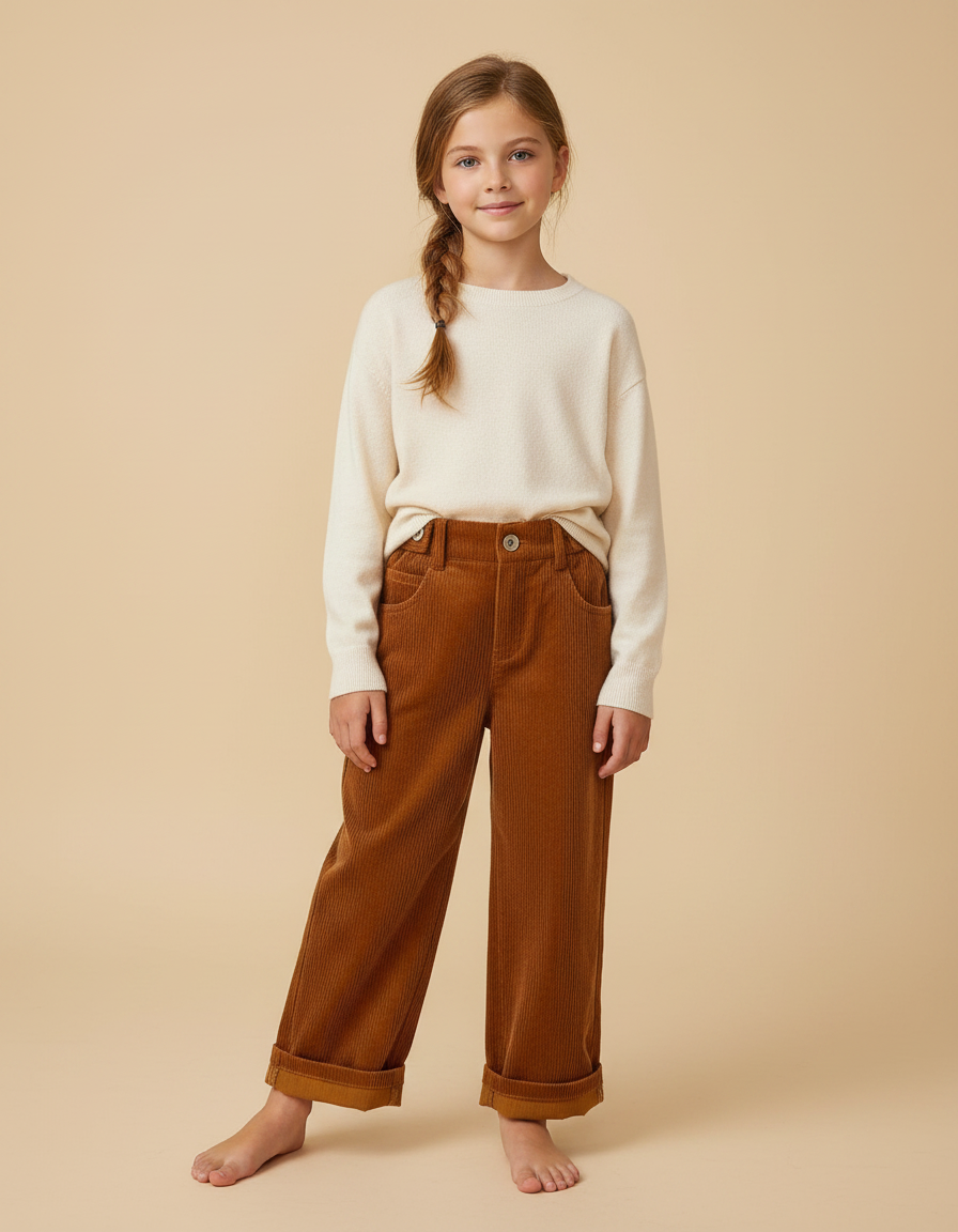 Pantalon Marron Côtelé Ample Droit Enfant - Cordé