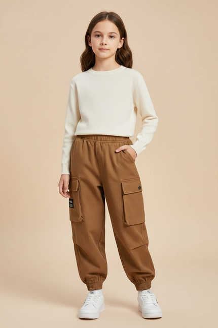 Pantalon Marron Cargo Garçon Ample Poches Latérales - Molleton