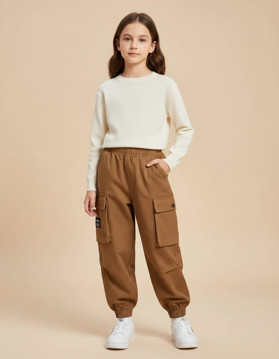 Pantalon Marron Cargo Garçon Ample Poches Latérales - Molleton