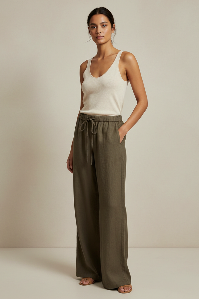 Pantalon Marron Lin Ample Cordon Femme - Kaki