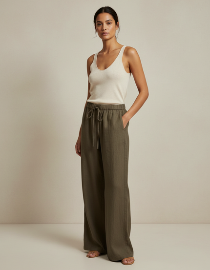 Pantalon Marron Lin Ample Cordon Femme - Kaki