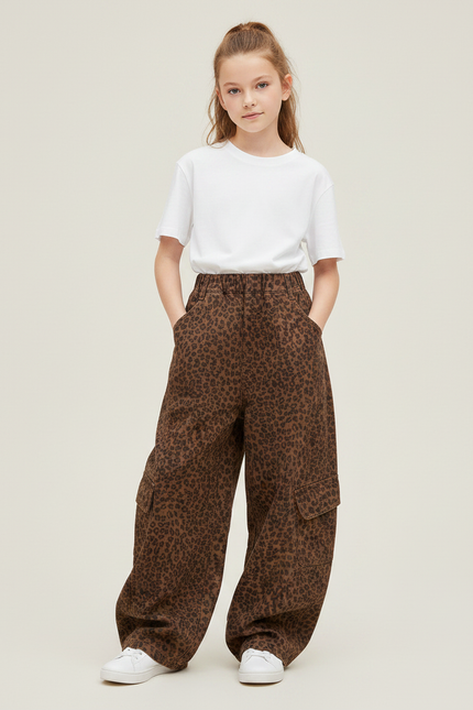 Pantalon Marron Léopard Ample Cargo Fille - Toile