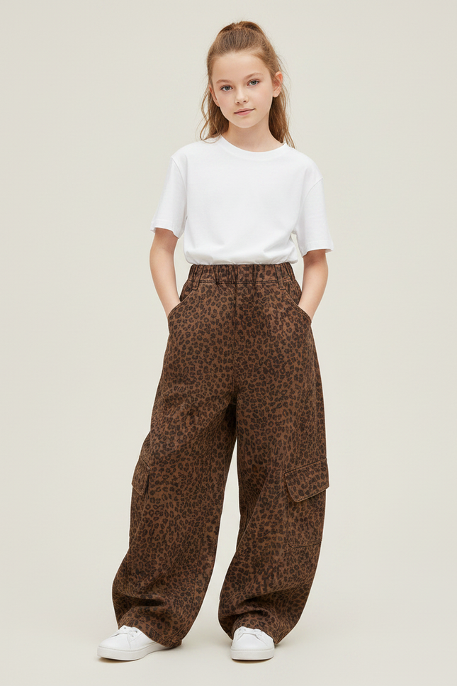 Pantalon Marron Léopard Ample Cargo Fille - Toile