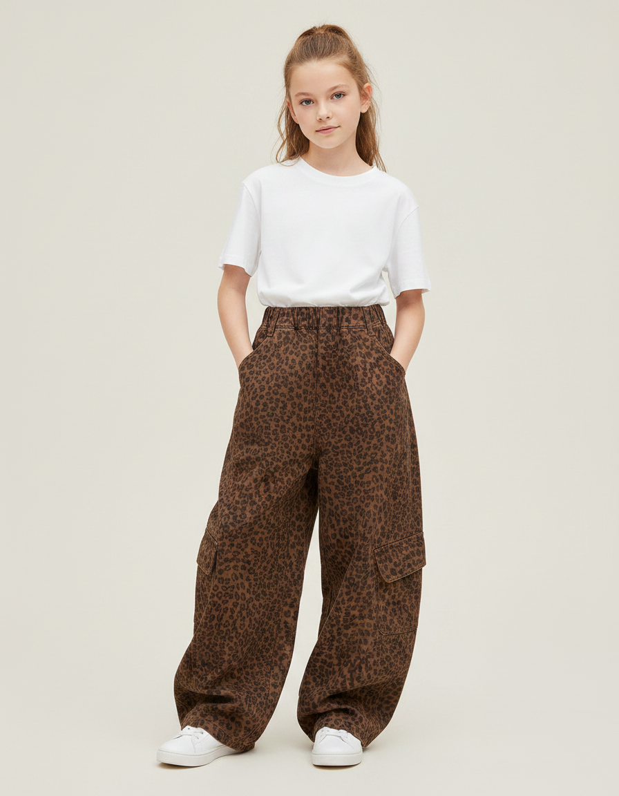 Pantalon Marron Léopard Ample Cargo Fille - Toile